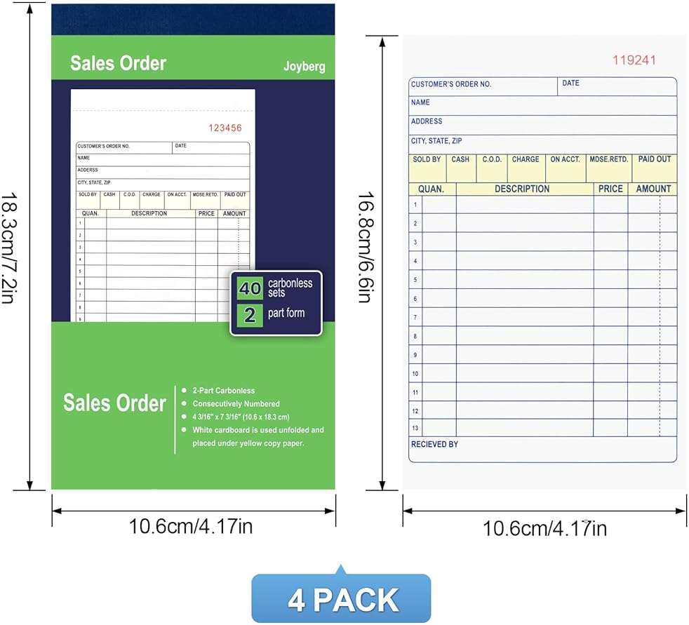 Joyberg 4 Pack Sales Order Book, 4.17inx7.2in Receipt Book with Carbon Copies, 2-Part Carbonless(White and Yellow), 40 Sets Per Book, Order Book for Small Business - Image 3