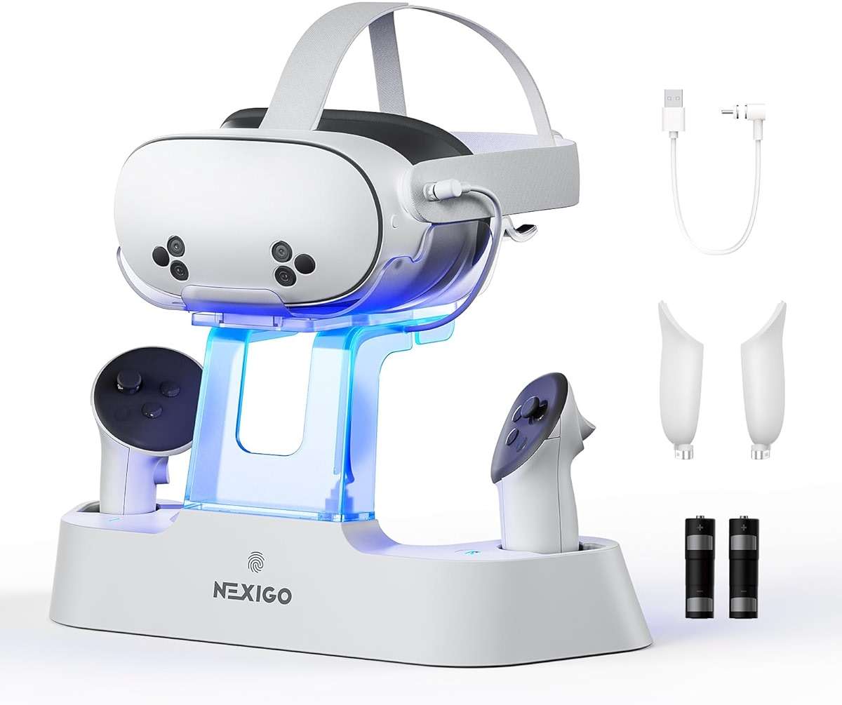 NexiGo Enhanced Charging Dock for Meta Quest 3 and 3S, with LED Light [On/Off], [Support Elite Strap with Battery], Headset Display Holder and Controller Mount, Rechargeable Batteries, White - Image 1
