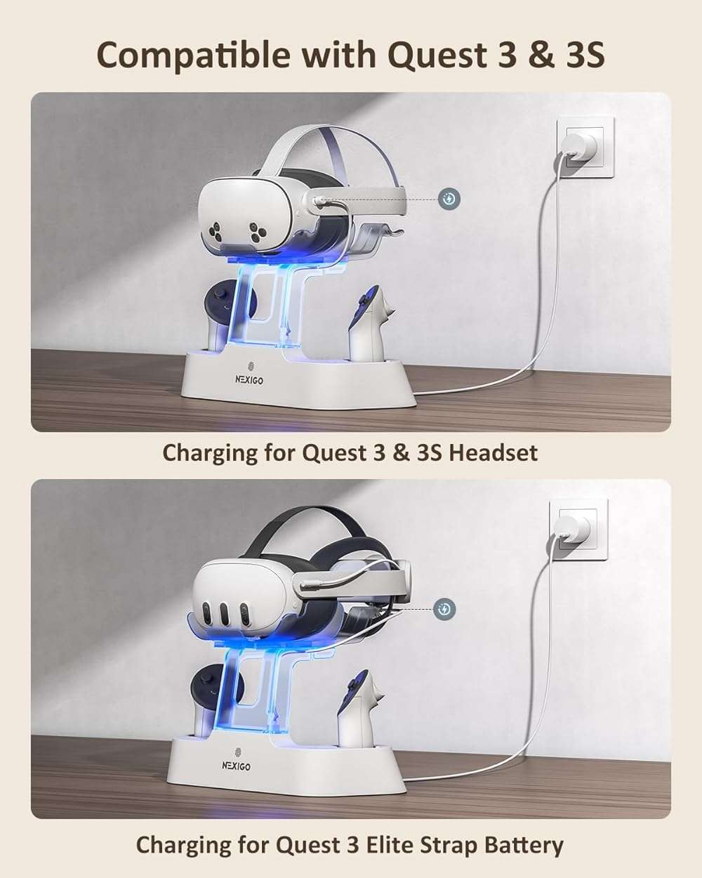 NexiGo Enhanced Charging Dock for Meta Quest 3 and 3S, with LED Light [On/Off], [Support Elite Strap with Battery], Headset Display Holder and Controller Mount, Rechargeable Batteries, White - Image 2