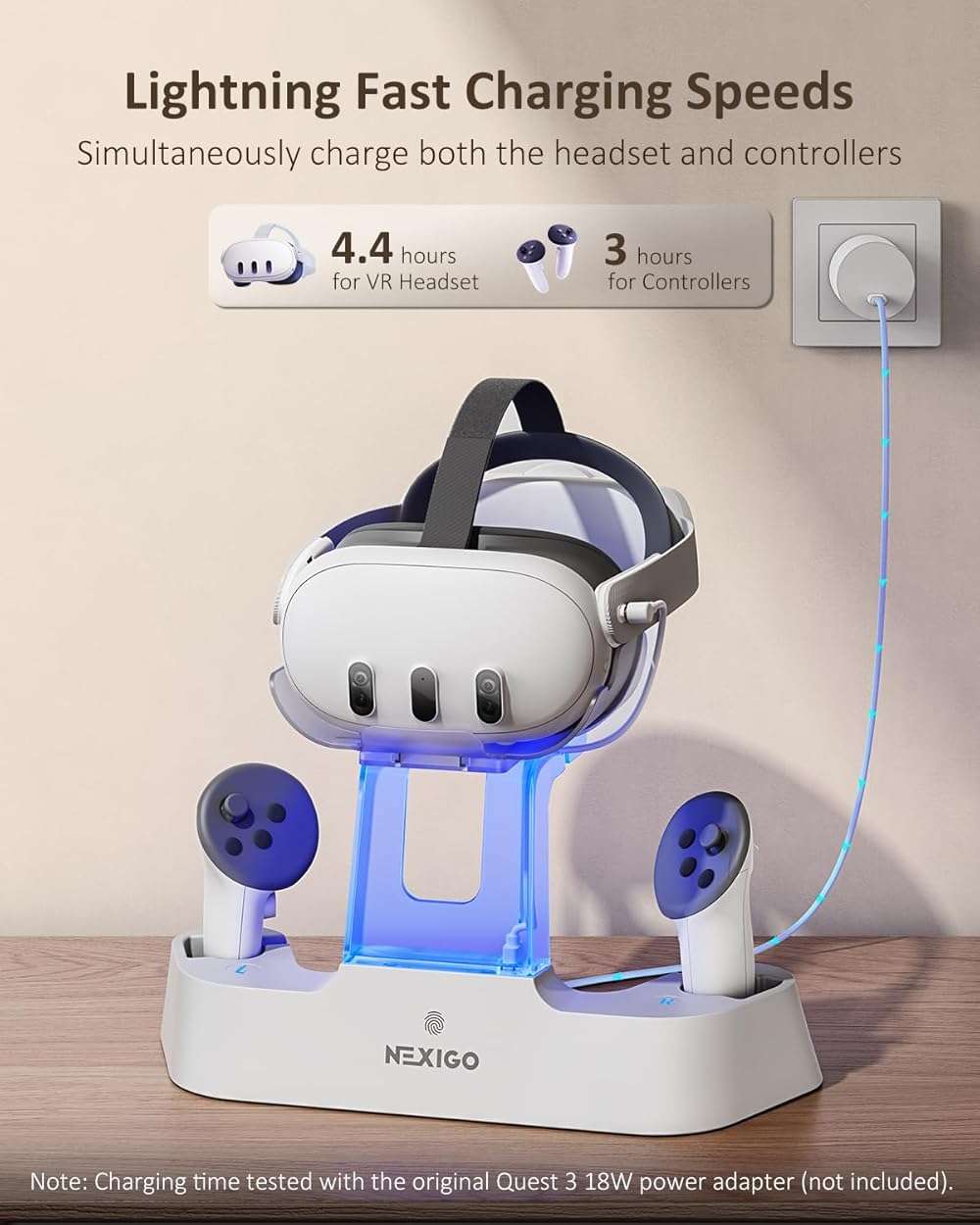 NexiGo Enhanced Charging Dock for Meta Quest 3 and 3S, with LED Light [On/Off], [Support Elite Strap with Battery], Headset Display Holder and Controller Mount, Rechargeable Batteries, White - Image 3