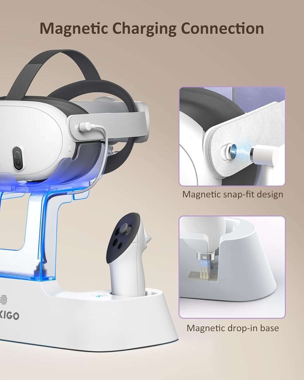 NexiGo Enhanced Charging Dock for Meta Quest 3 and 3S, with LED Light [On/Off], [Support Elite Strap with Battery], Headset Display Holder and Controller Mount, Rechargeable Batteries, White - Image 5