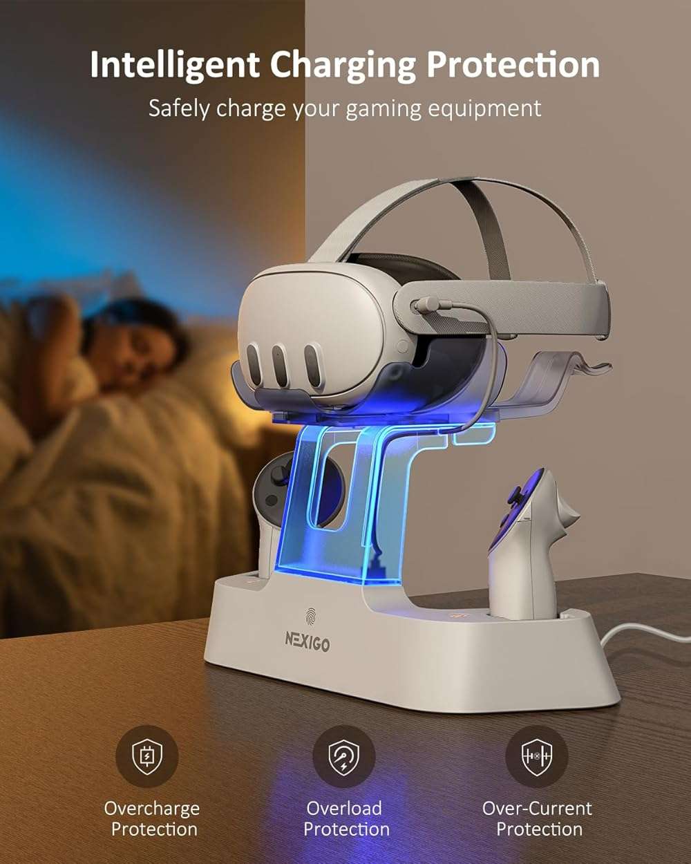NexiGo Enhanced Charging Dock for Meta Quest 3 and 3S, with LED Light [On/Off], [Support Elite Strap with Battery], Headset Display Holder and Controller Mount, Rechargeable Batteries, White - Image 6