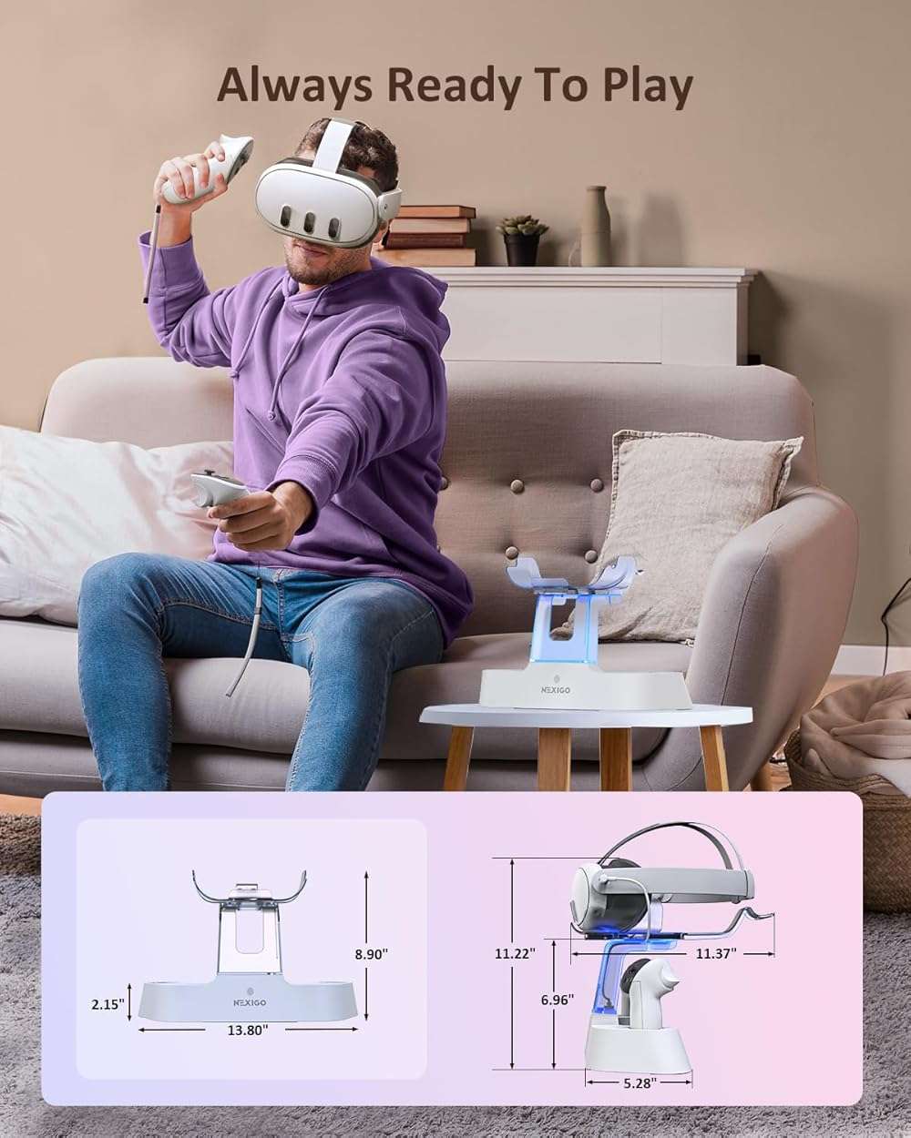 NexiGo Enhanced Charging Dock for Meta Quest 3 and 3S, with LED Light [On/Off], [Support Elite Strap with Battery], Headset Display Holder and Controller Mount, Rechargeable Batteries, White - Image 9