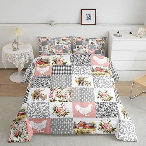 Homewish Farmhouse Barn Comforter Set Queen Size,Chicken Highland Cow Flowers Grid Bedding Set for Women Adult,Rustic Pink Patchwork Geometric Luxury Bed Duvet Insert, 2 Pillowcases - Image 1