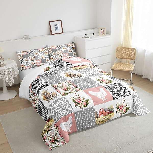 Homewish Farmhouse Barn Comforter Set Queen Size,Chicken Highland Cow Flowers Grid Bedding Set for Women Adult,Rustic Pink Patchwork Geometric Luxury Bed Duvet Insert, 2 Pillowcases - Image 2