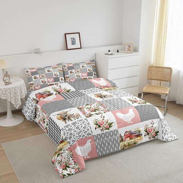 Homewish Farmhouse Barn Comforter Set Queen Size,Chicken Highland Cow Flowers Grid Bedding Set for Women Adult,Rustic Pink Patchwork Geometric Luxury Bed Duvet Insert, 2 Pillowcases - Image 3