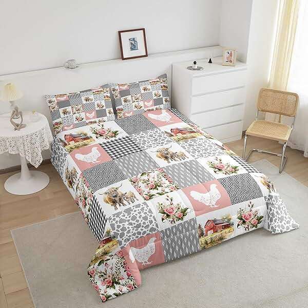 Homewish Farmhouse Barn Comforter Set Queen Size,Chicken Highland Cow Flowers Grid Bedding Set for Women Adult,Rustic Pink Patchwork Geometric Luxury Bed Duvet Insert, 2 Pillowcases - Image 4