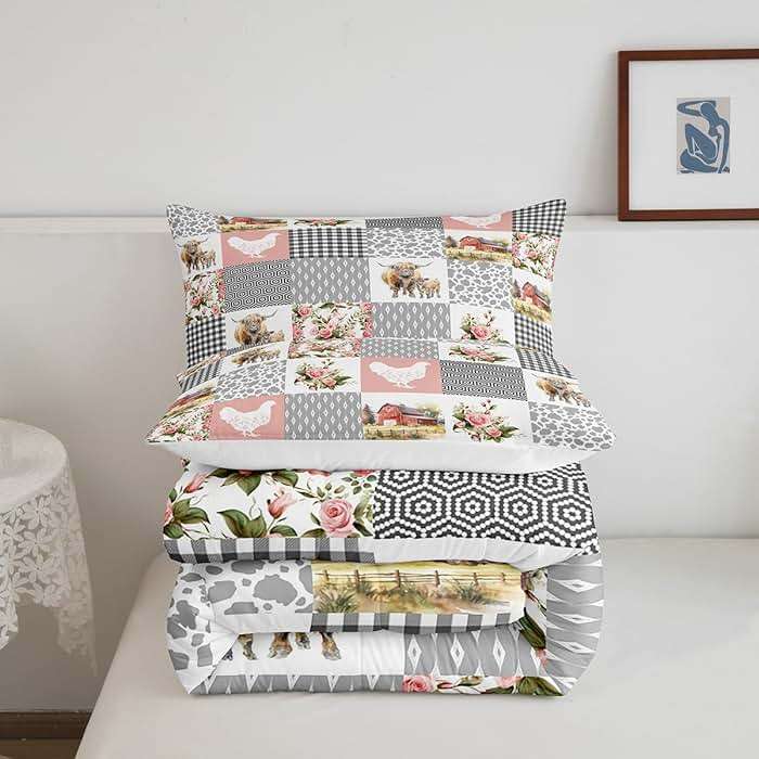 Homewish Farmhouse Barn Comforter Set Queen Size,Chicken Highland Cow Flowers Grid Bedding Set for Women Adult,Rustic Pink Patchwork Geometric Luxury Bed Duvet Insert, 2 Pillowcases - Image 5