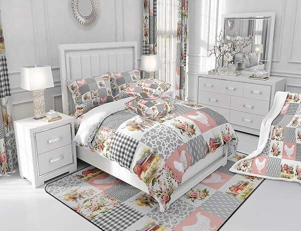 Homewish Farmhouse Barn Comforter Set Queen Size,Chicken Highland Cow Flowers Grid Bedding Set for Women Adult,Rustic Pink Patchwork Geometric Luxury Bed Duvet Insert, 2 Pillowcases - Image 6