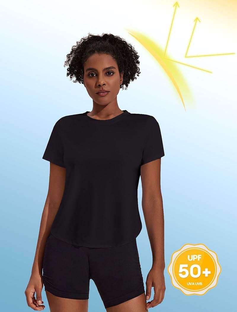 PINSPARK Workout Tops for Women UPF 50+ Yoga Shirts Short Sleeve Athletic Tops with Side Slits Running Gym Tee Top Loose Fit - Image 2