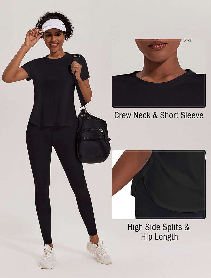 PINSPARK Workout Tops for Women UPF 50+ Yoga Shirts Short Sleeve Athletic Tops with Side Slits Running Gym Tee Top Loose Fit - Image 3