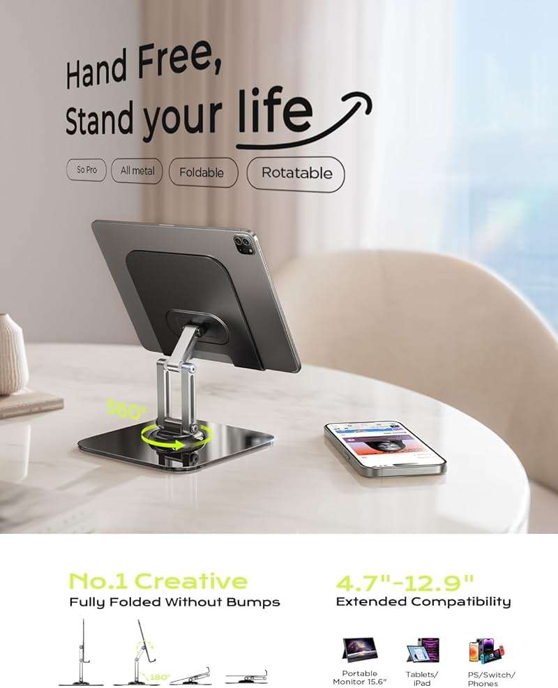 LISEN for iPad Stand Holder [All-Metal Foldable] Adjustable Tablet Stand for Desk, 2026 iPad Accessories Rotating Display Stand Office Men Gifts Kindle Tablet PS Switch iPhone 11"-4.7" - Image 2