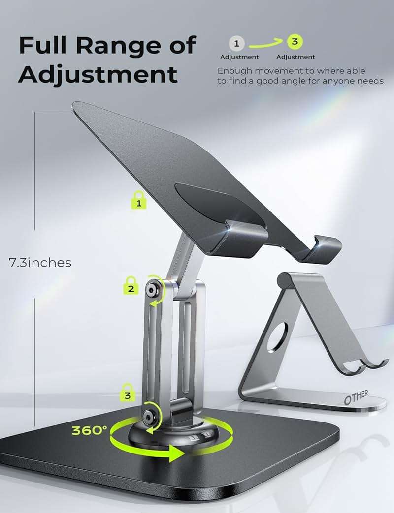 LISEN for iPad Stand Holder [All-Metal Foldable] Adjustable Tablet Stand for Desk, 2026 iPad Accessories Rotating Display Stand Office Men Gifts Kindle Tablet PS Switch iPhone 11"-4.7" - Image 3