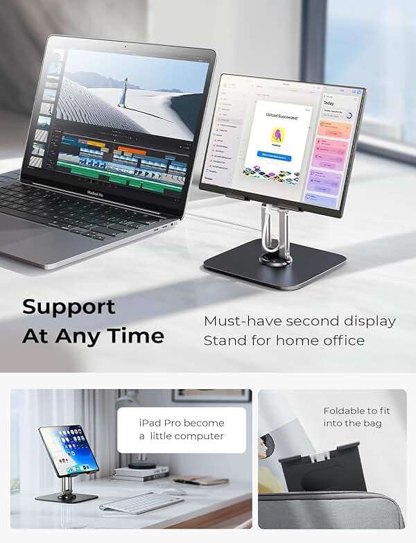 LISEN for iPad Stand Holder [All-Metal Foldable] Adjustable Tablet Stand for Desk, 2026 iPad Accessories Rotating Display Stand Office Men Gifts Kindle Tablet PS Switch iPhone 11"-4.7" - Image 4