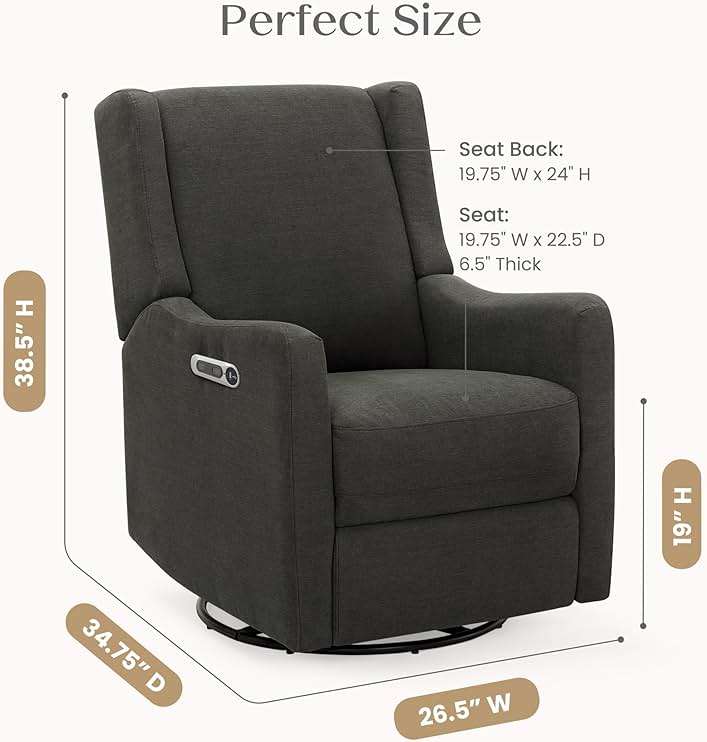 Delta Children Mercer Electronic Power Recliner and Swivel Glider with USB Port in LiveSmart Performance Fabric - Water Repellent & Stain Resistant, Dark Grey - Image 3
