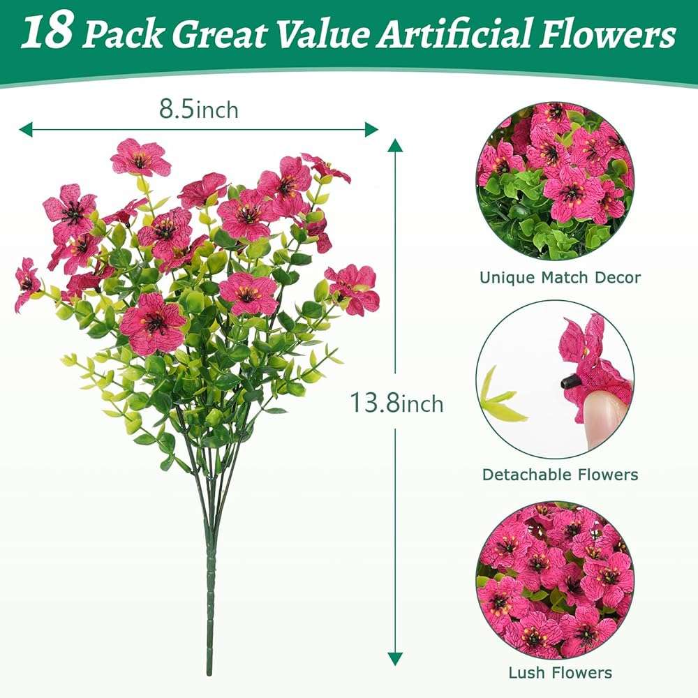 Elyum Artificial Flowers for Outdoors, 18 Bundles Artificial Plants & Flowers Outdoor, UV Resistant Faux Flowers Outdoor Fake Flowers for Outside Porch Window Box Decoration(Rose Red) - Image 2