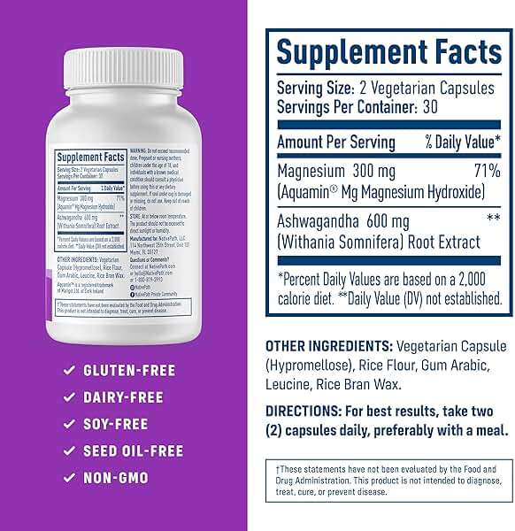NativePath Native Balance Magnesium Supplement with Ashwagandha - High Absorption Aquamin Ocean-Sourced Formula - 60 Capsules - Image 2