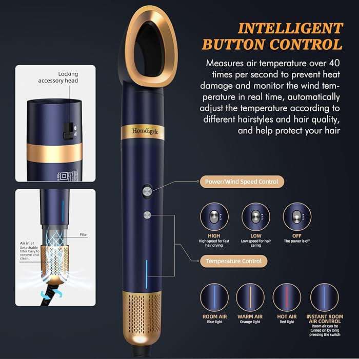 Homdigrk 6 in 1 Professional Hot Air Styler,Powerful Hair Dryer for Fast Drying, Smoothing & Volumizing, No Heat Damage, Professional Blowout Tool with Travel Case - Prussian Blue - Image 8