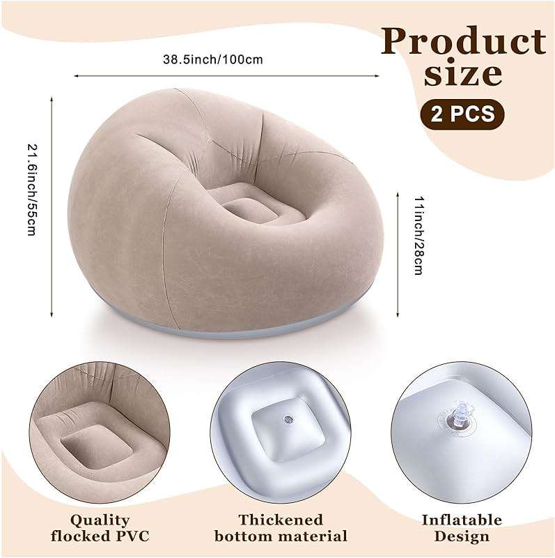 Realspring Inflatable Bean Bag Chairs Outdoor Blow up Camping Chairs Inflatable Lazy Sofa Folding Portable Bean Bag Loungers Couch(Coffee,2 Pcs) - Image 3