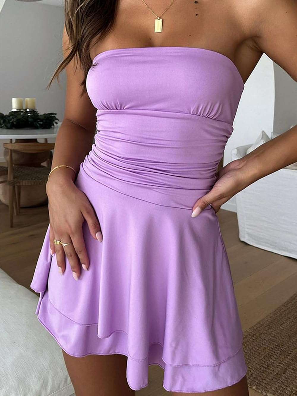 Women Sexy Tube Top Silk Dress Strapless Ruched Basque Waist Ruffle Layer Mini Dress Jumpsuit Party Dresses - Image 3