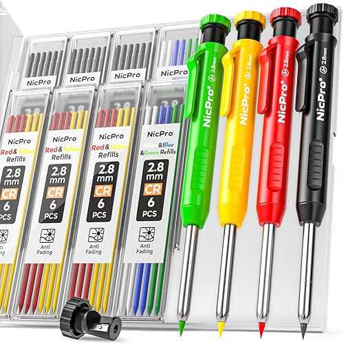 Nicpro 4 Pack Carpenter Pencil with Sharpener, Mechanical Carpenter Pencils with 52 Refills, Construction Pencil Heavy Duty Woodworking Pencils for Architect (Red, Black, Yellow, Blue) - Image 1