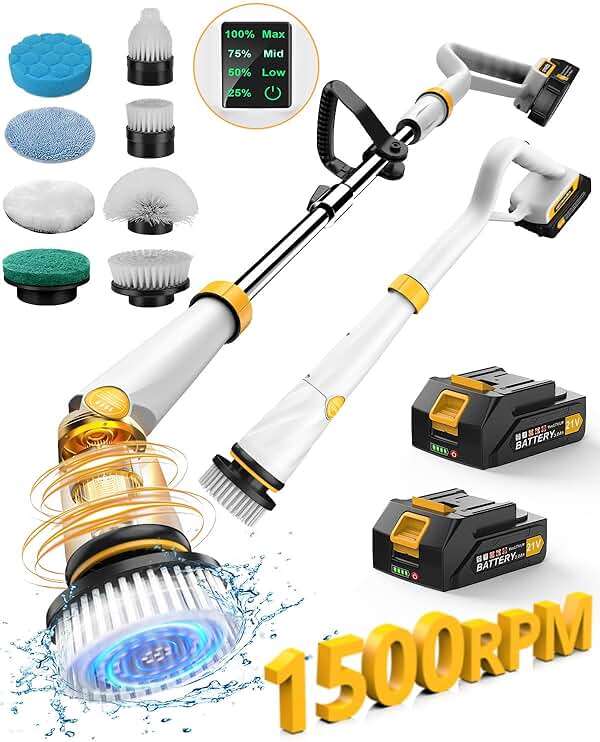 Qimedo Electric Spin Scrubber with Two Batteries Q2 Pro,1500 RPM High Power Electric Scrubber for Cleaning,Shower Cordless Cleaning Brush with Display for Tub/Tile/Floor (Effortless Handle/8 Brushes) - Image 1