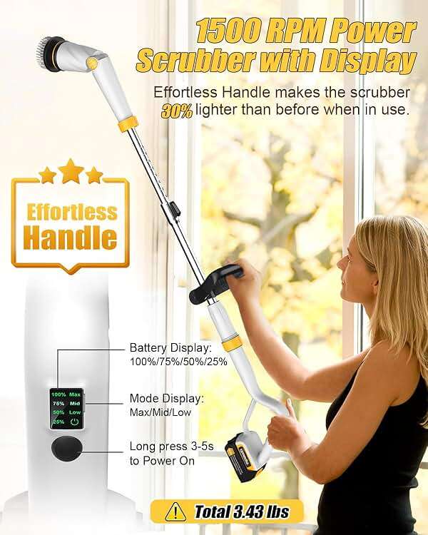 Qimedo Electric Spin Scrubber with Two Batteries Q2 Pro,1500 RPM High Power Electric Scrubber for Cleaning,Shower Cordless Cleaning Brush with Display for Tub/Tile/Floor (Effortless Handle/8 Brushes) - Image 4