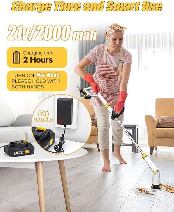 Qimedo Electric Spin Scrubber with Two Batteries Q2 Pro,1500 RPM High Power Electric Scrubber for Cleaning,Shower Cordless Cleaning Brush with Display for Tub/Tile/Floor (Effortless Handle/8 Brushes) - Image 5