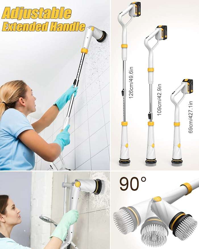 Qimedo Electric Spin Scrubber with Two Batteries Q2 Pro,1500 RPM High Power Electric Scrubber for Cleaning,Shower Cordless Cleaning Brush with Display for Tub/Tile/Floor (Effortless Handle/8 Brushes) - Image 7