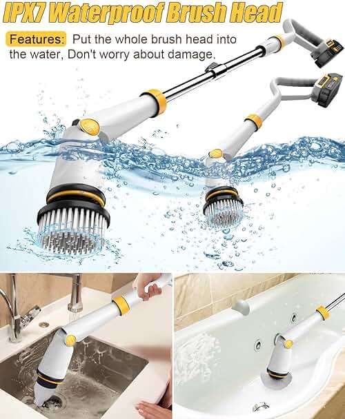 Qimedo Electric Spin Scrubber with Two Batteries Q2 Pro,1500 RPM High Power Electric Scrubber for Cleaning,Shower Cordless Cleaning Brush with Display for Tub/Tile/Floor (Effortless Handle/8 Brushes) - Image 8