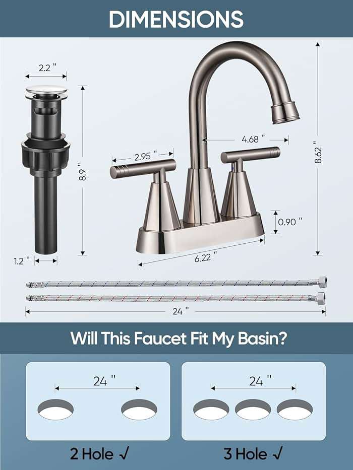 Cobbe 4 inch Brushed Nickel Bathroom Faucets with Pop up Drain and Two Supply Hoses, Lead-Free Stainless Steel 2 Handle Centerset Faucet for Vanity, RV - Image 3