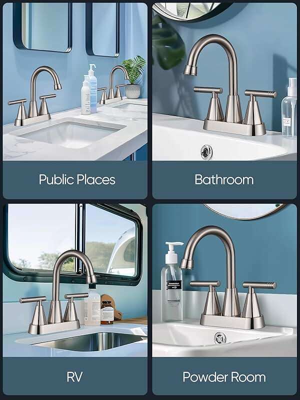 Cobbe 4 inch Brushed Nickel Bathroom Faucets with Pop up Drain and Two Supply Hoses, Lead-Free Stainless Steel 2 Handle Centerset Faucet for Vanity, RV - Image 8