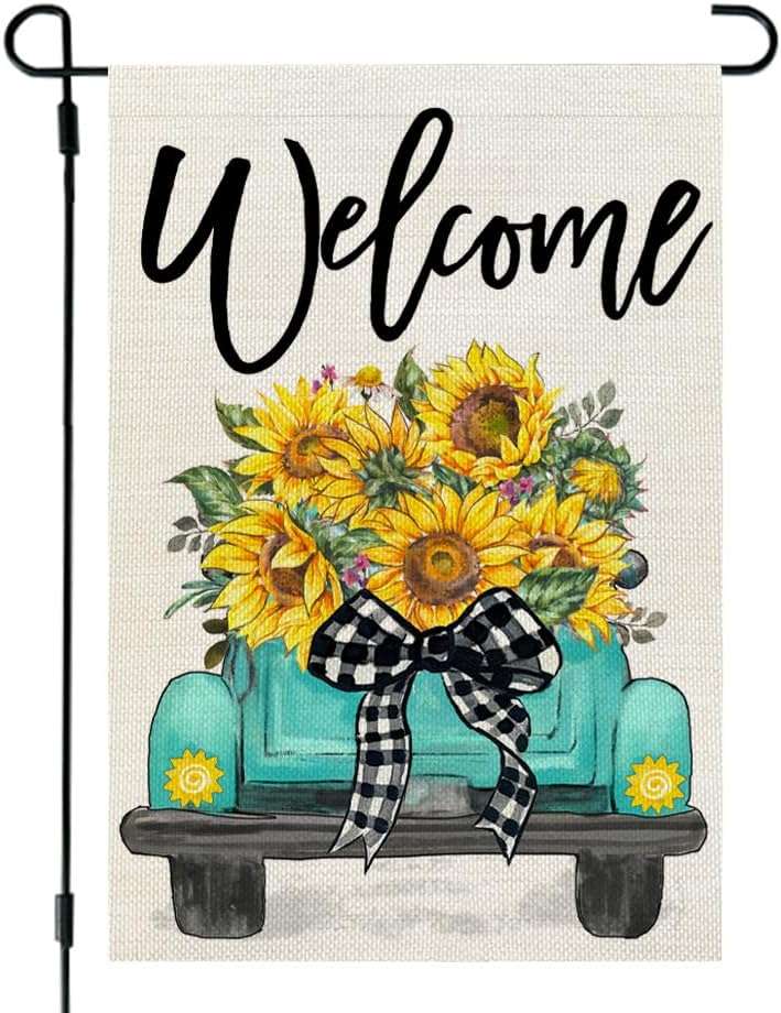 CROWNED BEAUTY Summer Garden Flag Sunflowers Truck 12x18 Inch Double Sided Small Burlap Welcome Holiday Seasonal Flag for Outside Yard Decoration - Image 1