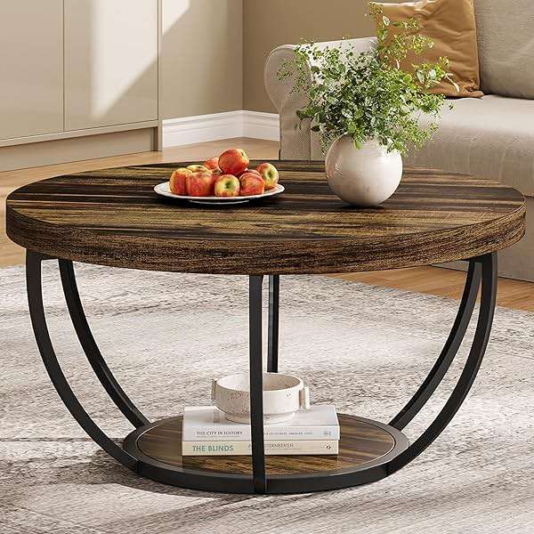 Tribesigns Round Coffee Table, 31.7" Wooden 2-Tier Circle Coffee Table with Storage Shelves, Modern Accent Cocktail Table Center Table for Living Room, Rustic Brown - Image 1