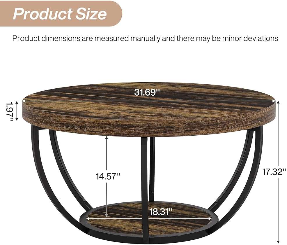 Tribesigns Round Coffee Table, 31.7" Wooden 2-Tier Circle Coffee Table with Storage Shelves, Modern Accent Cocktail Table Center Table for Living Room, Rustic Brown - Image 2