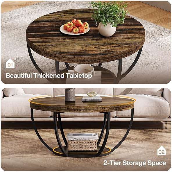 Tribesigns Round Coffee Table, 31.7" Wooden 2-Tier Circle Coffee Table with Storage Shelves, Modern Accent Cocktail Table Center Table for Living Room, Rustic Brown - Image 3
