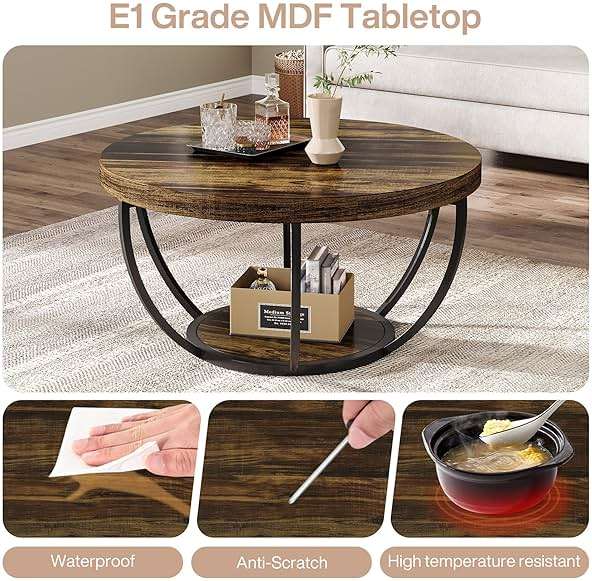 Tribesigns Round Coffee Table, 31.7" Wooden 2-Tier Circle Coffee Table with Storage Shelves, Modern Accent Cocktail Table Center Table for Living Room, Rustic Brown - Image 4
