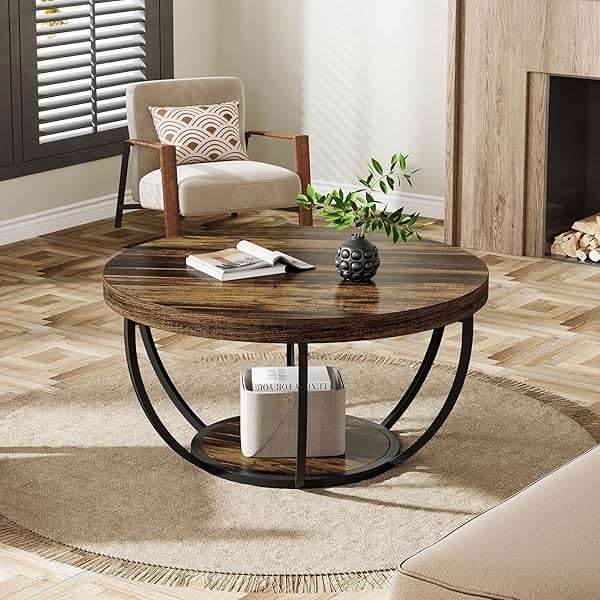 Tribesigns Round Coffee Table, 31.7" Wooden 2-Tier Circle Coffee Table with Storage Shelves, Modern Accent Cocktail Table Center Table for Living Room, Rustic Brown - Image 5