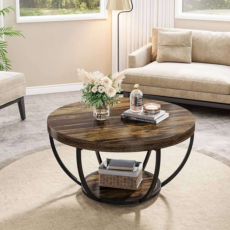Tribesigns Round Coffee Table, 31.7" Wooden 2-Tier Circle Coffee Table with Storage Shelves, Modern Accent Cocktail Table Center Table for Living Room, Rustic Brown - Image 6