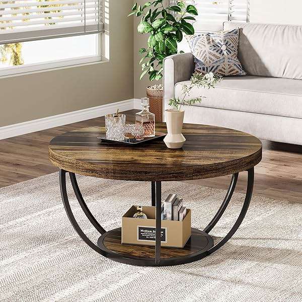 Tribesigns Round Coffee Table, 31.7" Wooden 2-Tier Circle Coffee Table with Storage Shelves, Modern Accent Cocktail Table Center Table for Living Room, Rustic Brown - Image 7