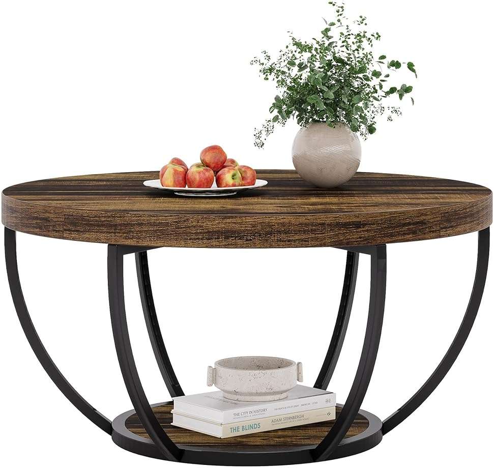 Tribesigns Round Coffee Table, 31.7" Wooden 2-Tier Circle Coffee Table with Storage Shelves, Modern Accent Cocktail Table Center Table for Living Room, Rustic Brown - Image 9