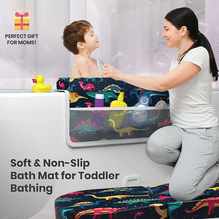 Baby Bath Kneeler and Elbow Rest Pad 2 Pieces Set with 3 Spacious Pocket to Organize Baby Acessories, 1.5" Thick Non-Slip, Soft, Fast-Drying Foldable Toddler Bath (Multi-Color Dino) - Image 3