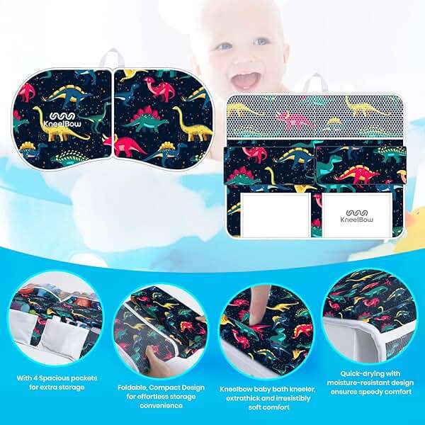 Baby Bath Kneeler and Elbow Rest Pad 2 Pieces Set with 3 Spacious Pocket to Organize Baby Acessories, 1.5" Thick Non-Slip, Soft, Fast-Drying Foldable Toddler Bath (Multi-Color Dino) - Image 5