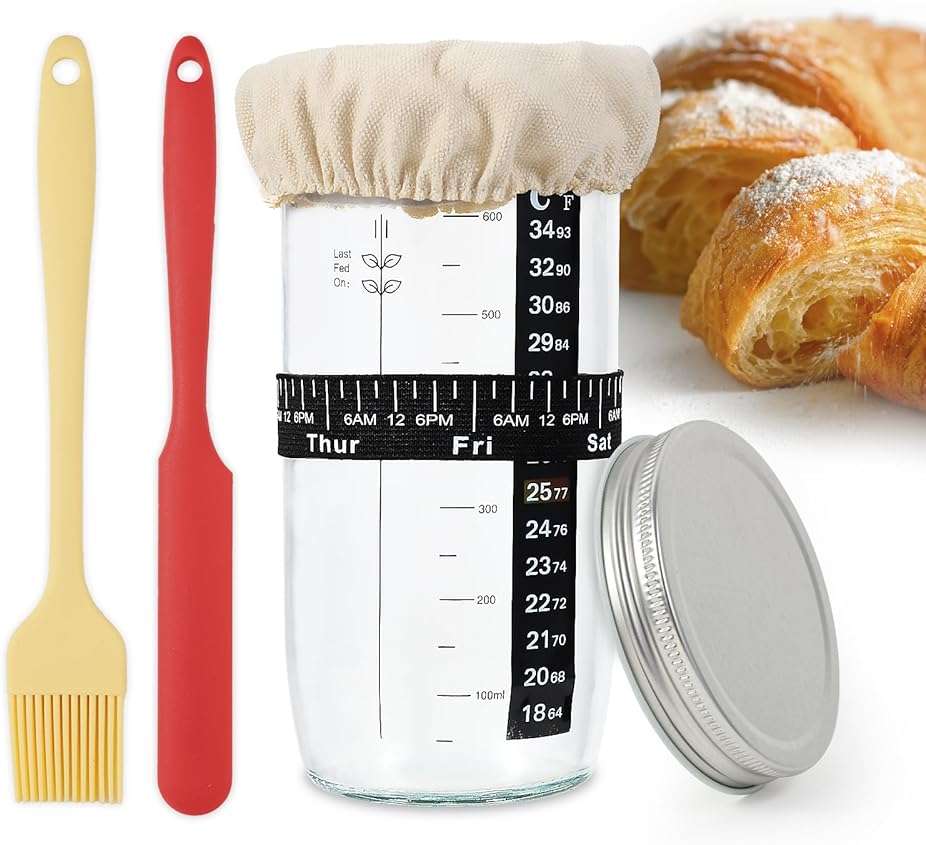 BLuvLy Sourdough Starter Jar, Sourdough Starter Kit with Date Marked Feeding Band, Thermometer, Excellent Scraper, Cloth Cover, Silicone brush and Metal Lid, 24 Oz Sourdough Starter Jar Kit - Image 1