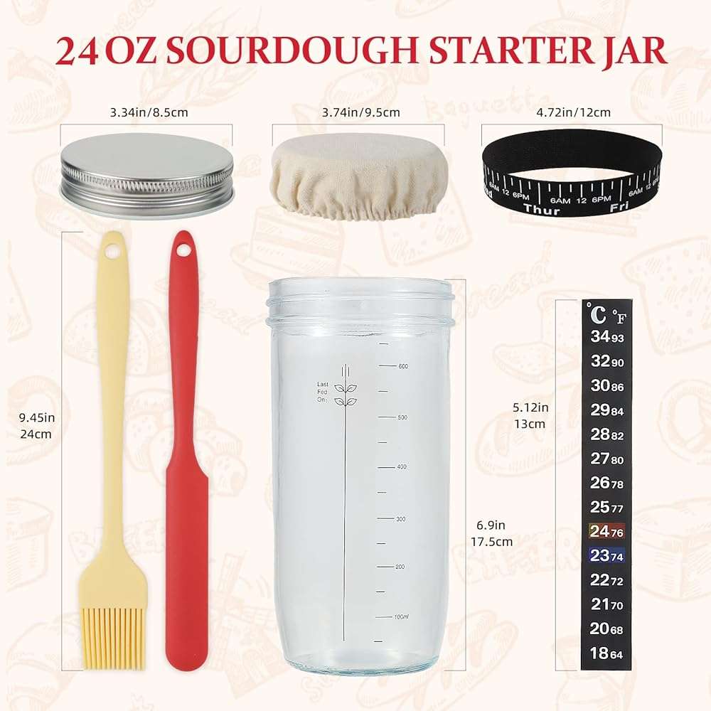 BLuvLy Sourdough Starter Jar, Sourdough Starter Kit with Date Marked Feeding Band, Thermometer, Excellent Scraper, Cloth Cover, Silicone brush and Metal Lid, 24 Oz Sourdough Starter Jar Kit - Image 3