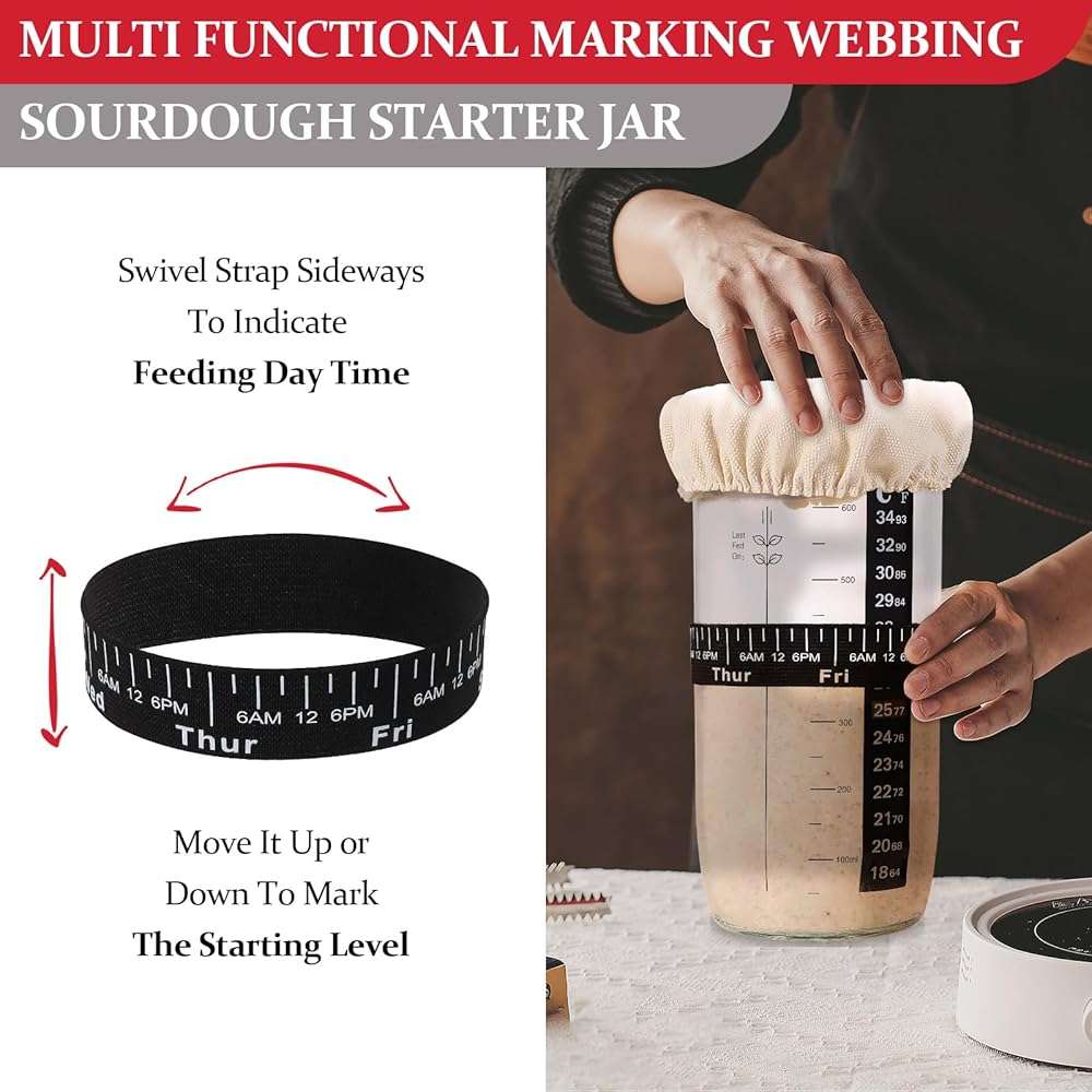 BLuvLy Sourdough Starter Jar, Sourdough Starter Kit with Date Marked Feeding Band, Thermometer, Excellent Scraper, Cloth Cover, Silicone brush and Metal Lid, 24 Oz Sourdough Starter Jar Kit - Image 4