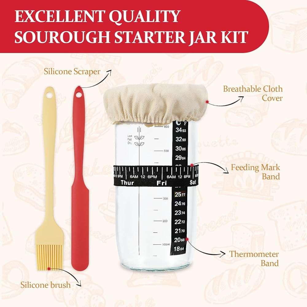 BLuvLy Sourdough Starter Jar, Sourdough Starter Kit with Date Marked Feeding Band, Thermometer, Excellent Scraper, Cloth Cover, Silicone brush and Metal Lid, 24 Oz Sourdough Starter Jar Kit - Image 6