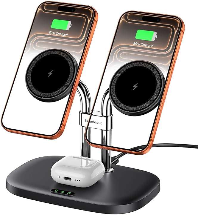 SwanScout Wireless Charger for iPhone Air/17, SwanScout 706M, Dual Magnetic Charger for iPhone 16/15/14/13/12 Series, Charging Station for AirPods Pro 3/2, AirPods 4/3rd (Black) - Image 1