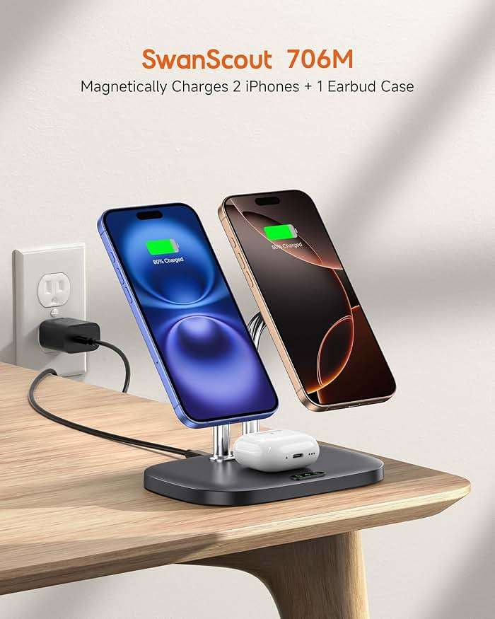 SwanScout Wireless Charger for iPhone Air/17, SwanScout 706M, Dual Magnetic Charger for iPhone 16/15/14/13/12 Series, Charging Station for AirPods Pro 3/2, AirPods 4/3rd (Black) - Image 2