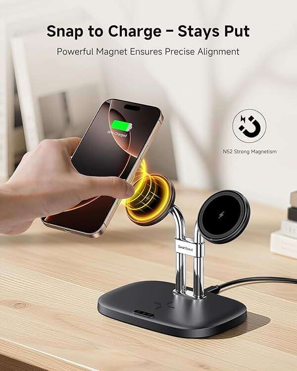SwanScout Wireless Charger for iPhone Air/17, SwanScout 706M, Dual Magnetic Charger for iPhone 16/15/14/13/12 Series, Charging Station for AirPods Pro 3/2, AirPods 4/3rd (Black) - Image 3